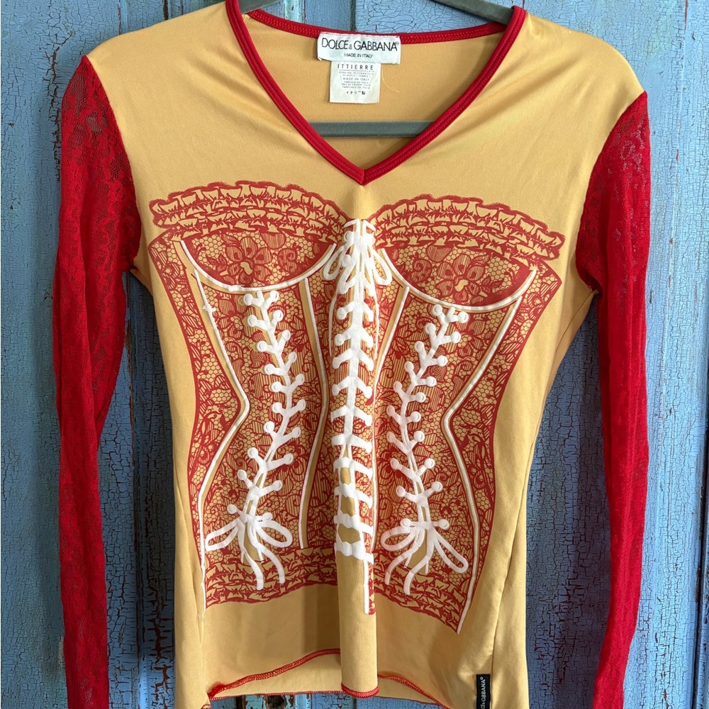 Vintage Dolce & Gabbana Corset Printed Top with Lace Sleeves